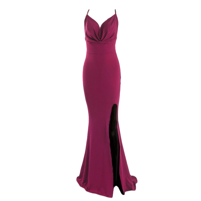 Cowl Neck Backless Cross Straps Split Stretch Bridesmaids Dress Wedding Guest Mermaid Sleeveless Slim Party Evening Gown - Image 6