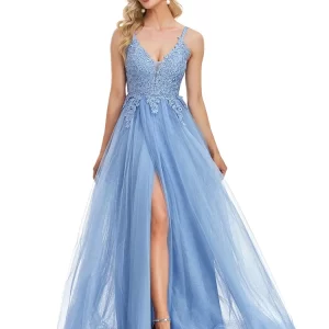 kf-S0c7c35346f4a470eba0423e227570686G Luxury Tulle Fine Embroidery Evening Dress 2025 Women Deep V-neck Aline Prom Wedding Party Floor Length Blue Gown