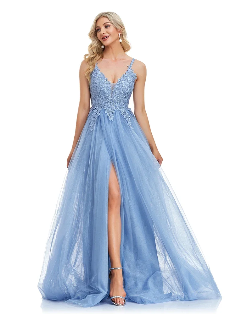 Luxury Tulle Fine Embroidery Evening Dress 2025 Women Deep V-neck Aline Prom Wedding Party Floor Length Blue Gown