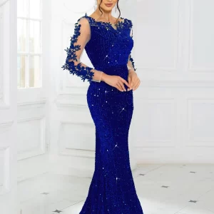 kf-S0f5d5c095cde40ea8cacf2481dcf2cbb6 Elegant Lace Sequined Velvet Long Evening Dress Backless Hollow Out Full Sleeved Prom Wedding Party Gown