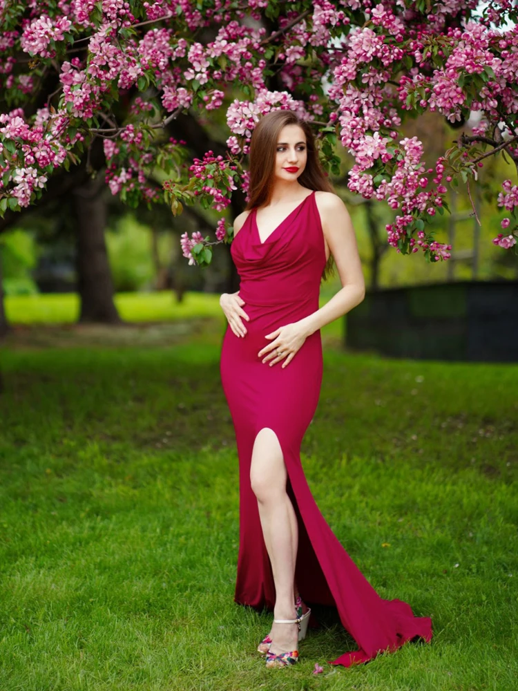 Cowl Neck Backless Cross Straps Split Stretch Bridesmaids Dress Wedding Guest Mermaid Sleeveless Slim Party Evening Gown - Image 5