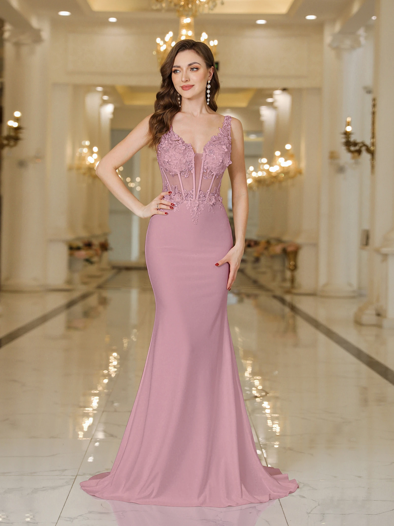 2025 Womens Mermaid Evening Dresses V-Neck Pearl Lace Appliques Straps Illusion Backless Prom Dress Train Wedding Bridal Vestido - Image 3