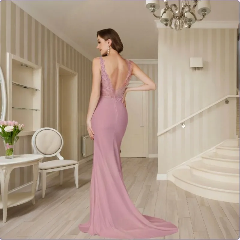 2025 Womens Mermaid Evening Dresses V-Neck Pearl Lace Appliques Straps Illusion Backless Prom Dress Train Wedding Bridal Vestido - Image 2