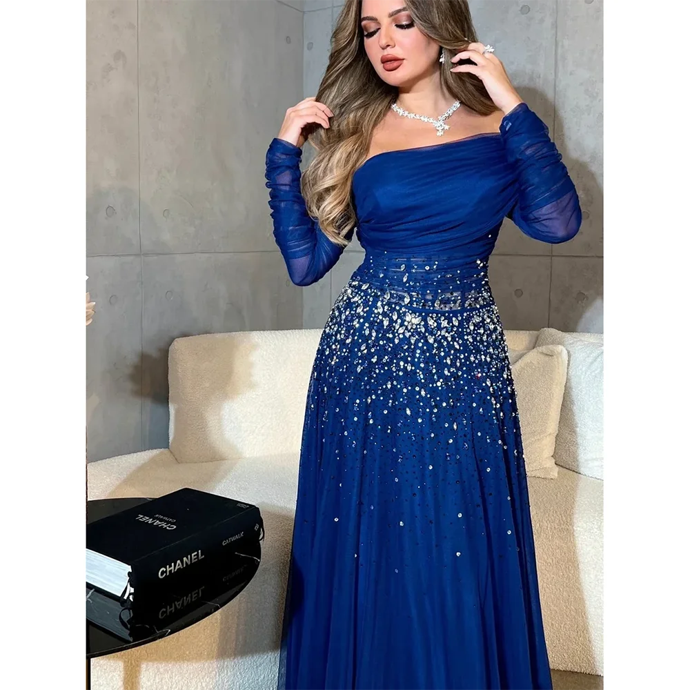 Customized Off The Shoulder Long Sleeves Prom Dresses Beadings Sequins Tulle A-line Floor Length Formal Party Dresses - Image 5