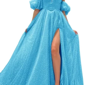 kf-S425b8c3fada5453f9de3078c384ebe32h Tulle Prom Dresses for Women Sparkly Puffy Sleeves Long Ball Gowns with Slit A-Line Evening Dresses Graduation Dress