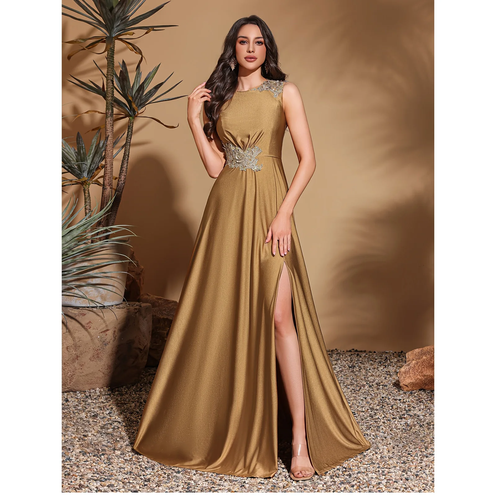 Asymmetrical applique sleeveless round neck slit back floor-length gown, women's long dress, party dress