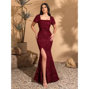 kf-S637291b560bc412e94f62a25723531c7a Sequined short-sleeved square neck hip-hugging wedding dress, classic retro style, elegant and chic dress