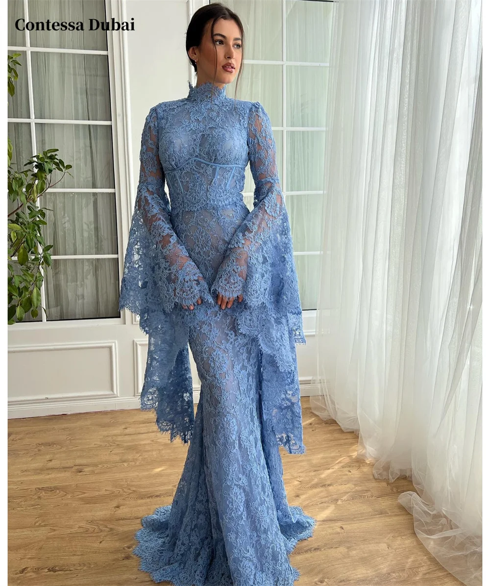 Contessa Dubai customized High neck flared sleeve Prom Dresses elegant Lace vestidos de noche Floor-Length Formal Evening 2025