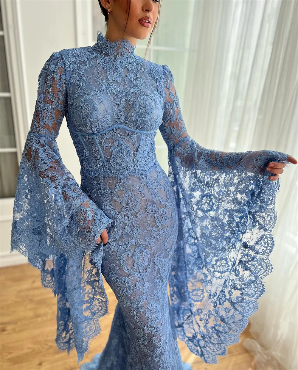 Contessa Dubai customized High neck flared sleeve Prom Dresses elegant Lace vestidos de noche Floor-Length Formal Evening 2025 - Image 2