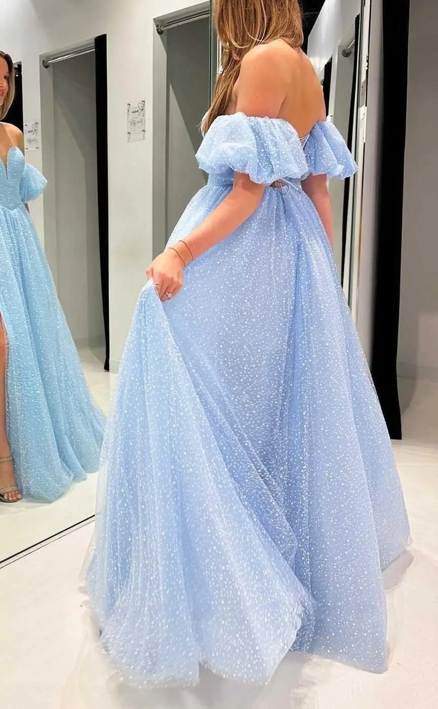 Tulle Prom Dresses for Women Sparkly Puffy Sleeves Long Ball Gowns with Slit A-Line Evening Dresses Graduation Dress - Image 3