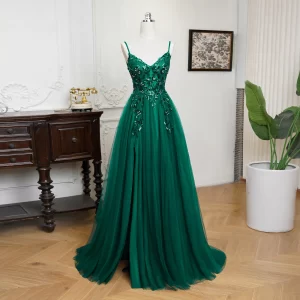 kf-Sac390be7f5a14a2b8a01cd1c145d750ez Sexy Maxi Train Evening Dresses Spaghetti Straps V-Neck Sequin Appliques Backless Prom Dress Tulle A-Line High Split Sling Gowns