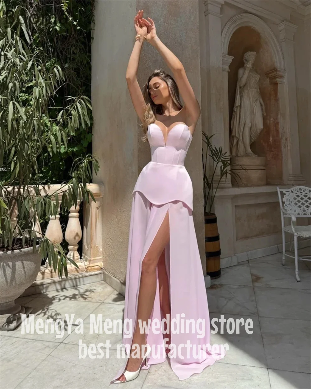 ZHUISHU High Quality Customized V-neck Pink High Fork Floor Length Sleeveless Vestidos Para Bodas Mujer Invitada Evening dress - Image 2