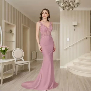 kf-Sca0b7caef9824427b8c718a1186250497 2025 Womens Mermaid Evening Dresses V-Neck Pearl Lace Appliques Straps Illusion Backless Prom Dress Train Wedding Bridal Vestido