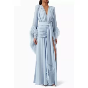 kf-Scf93afaabdcf4bcb97f0a0193743715f9 Light Blue Evening Dress V-Neck Feather Long Sleeves Elegant Evening Gowns Cascading Chiffon Ruffle Party Dresses Customized