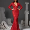 Red Deep V-Neck Long-Sleeve Dress, Sequined Bodycon Mermaid Gown for Family Gatherings, Birthday Parties, Elegant and Fashionable Dress, Women's Long Dress, Party Dress, New Dress, Women's Evening Dress, Host Performance Dress, Bridesmaid Dress, Prom Evening Dress, Concert Performance Dress, Award Ceremony Dress, Fashionable Boutique Dress, Holiday Dress, Graduation Dress, Holiday Date Dress