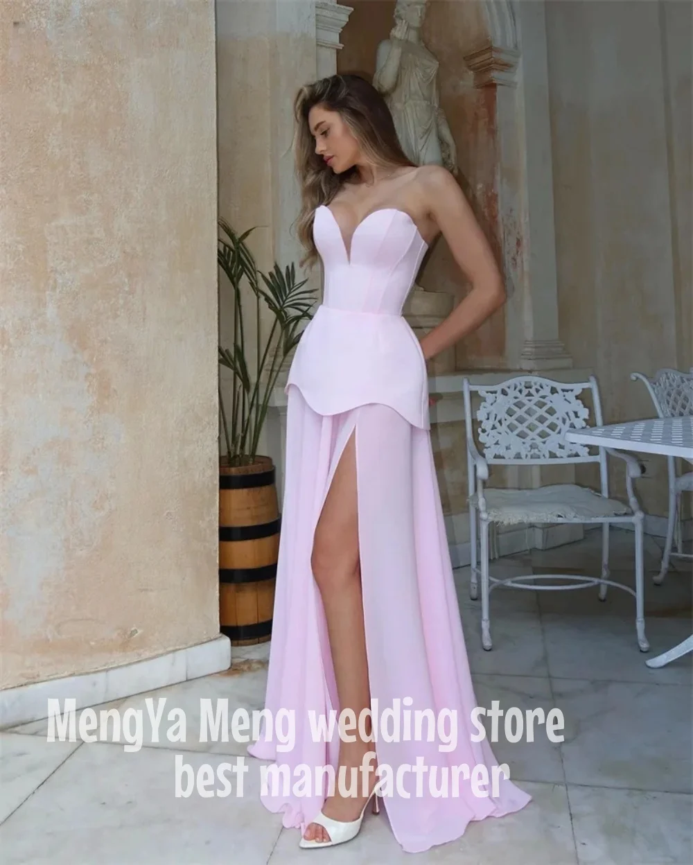 ZHUISHU High Quality Customized V-neck Pink High Fork Floor Length Sleeveless Vestidos Para Bodas Mujer Invitada Evening dress - Image 3