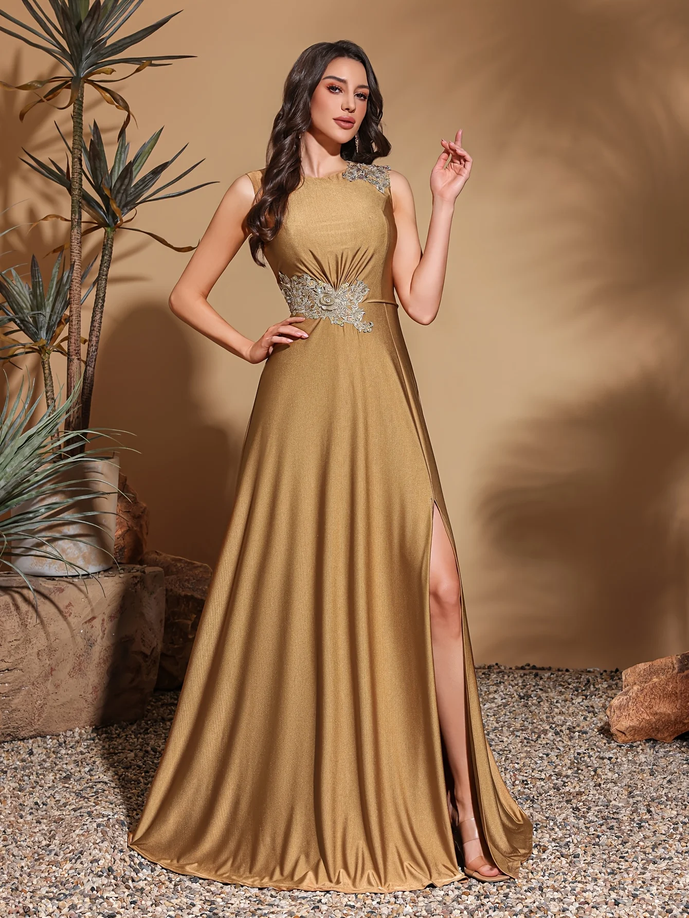Asymmetrical applique sleeveless round neck slit back floor-length gown, women's long dress, party dress - Image 3